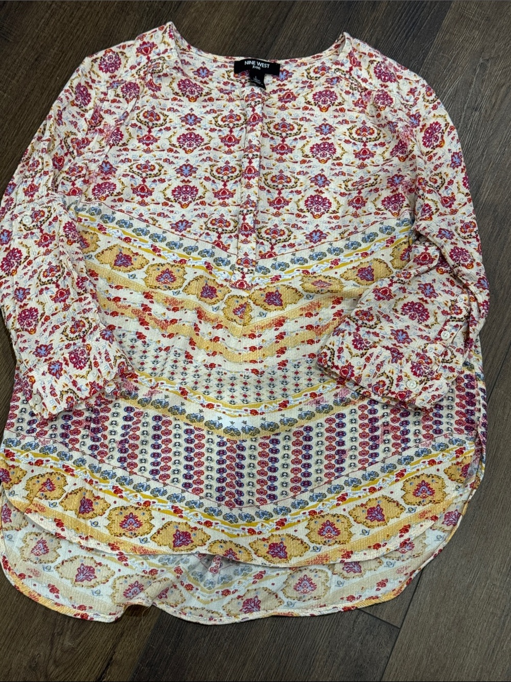 Nine West Cream Blouse with Pink and Yellow Floral Patchwork